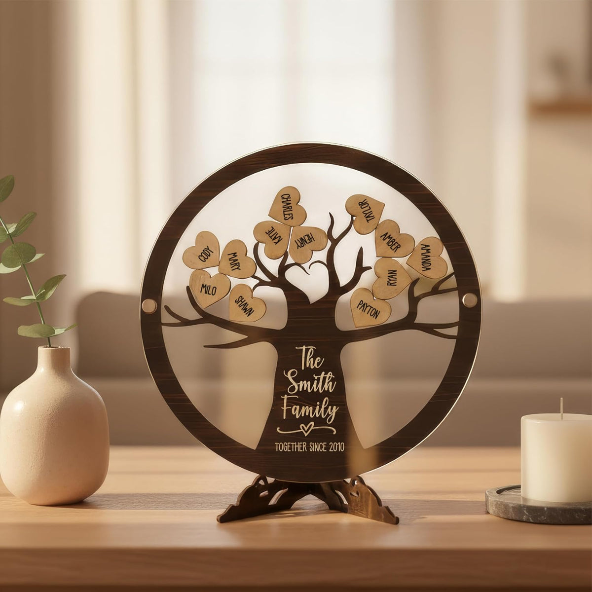Personalized Family Tree Name Sign with Wooden Hearts – Custom Printed Acrylic & Wood Round Plaque with Stand – Unique Gift for Parents, Grandparents, Anniversary, Christmas, or Home Décor