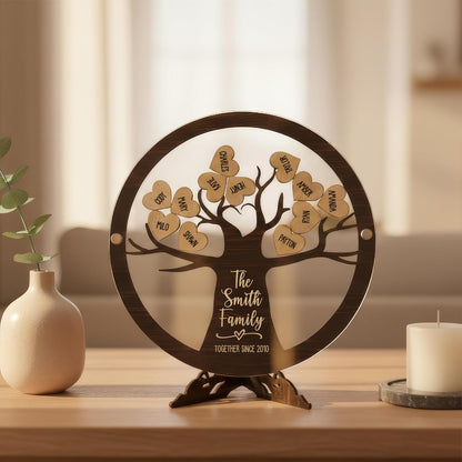 Personalized Family Tree Name Sign with Wooden Hearts – Custom Printed Acrylic & Wood Round Plaque with Stand – Unique Gift for Parents, Grandparents, Anniversary, Christmas, or Home Décor