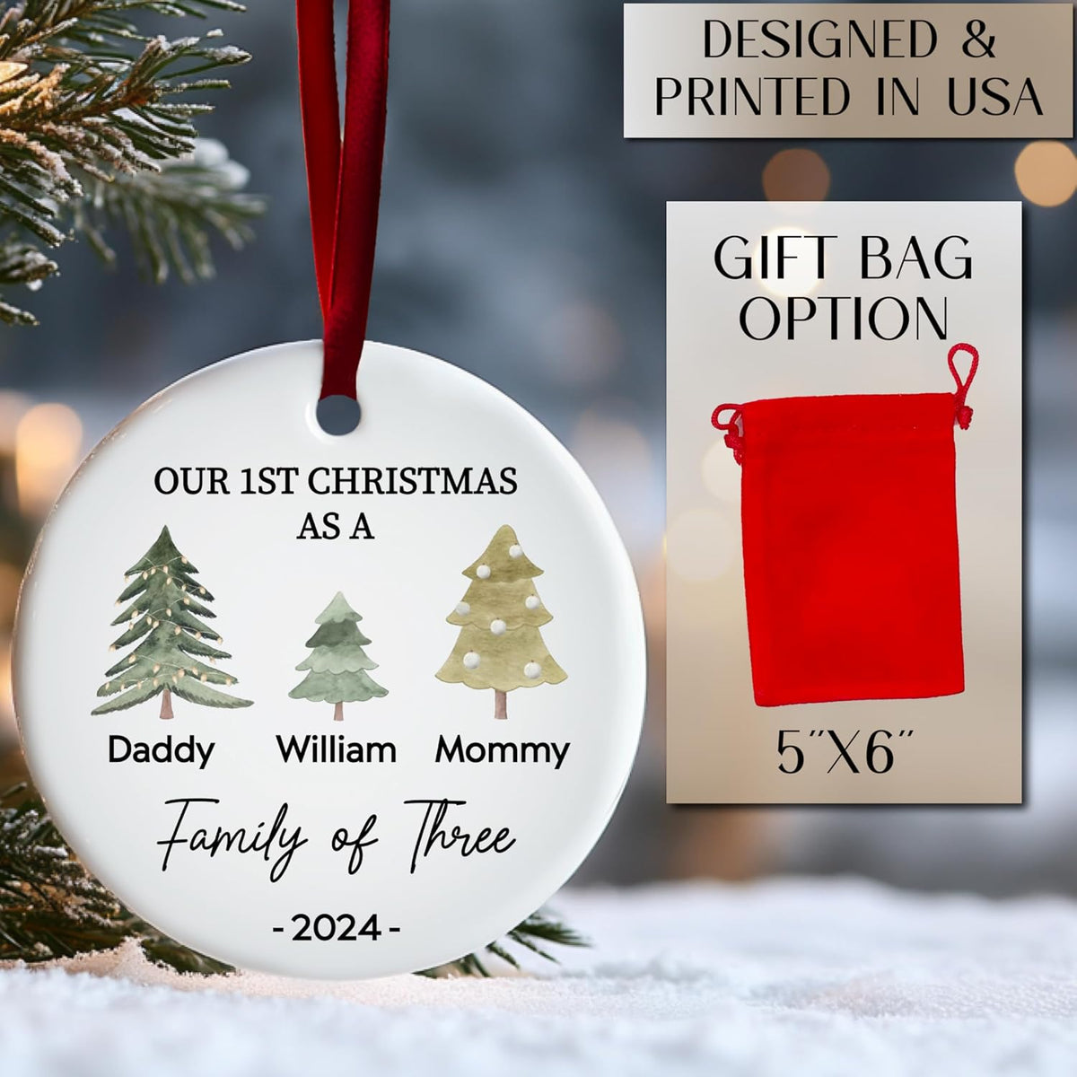 Custom 2025 Ceramic Ornaments - Personalized Monogrammed Name & Pine Tree Decorations - Holiday Keepsake with Year for Family of Three, Our First for Mommy & Daddy