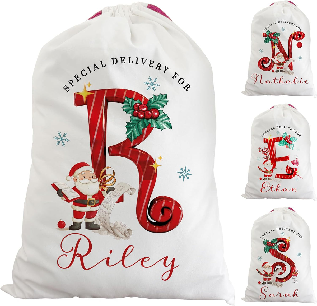 Christmas Name & Initial – Custom Ornament, Stocking & Santa Sack Options – Personalized Holiday Decor & Gift Bags