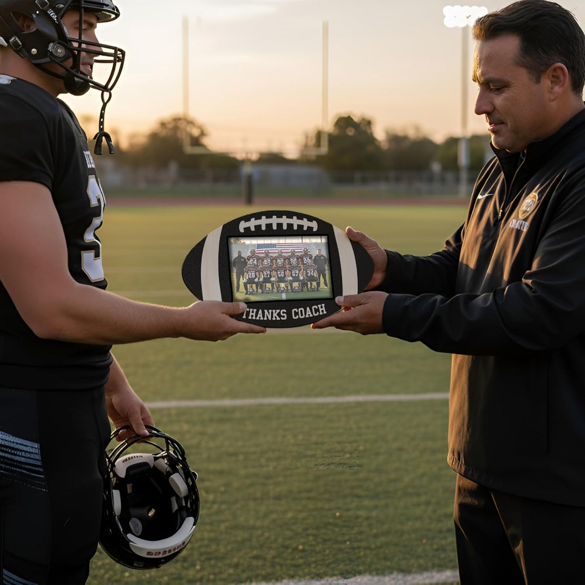 Personalized Football Photo Frame Gift for Coach Team Player – Custom 4x6 Picture Holder with Text & 10 Color Options – Wood Sports Frame for End of Season, Banquet, Senior Night