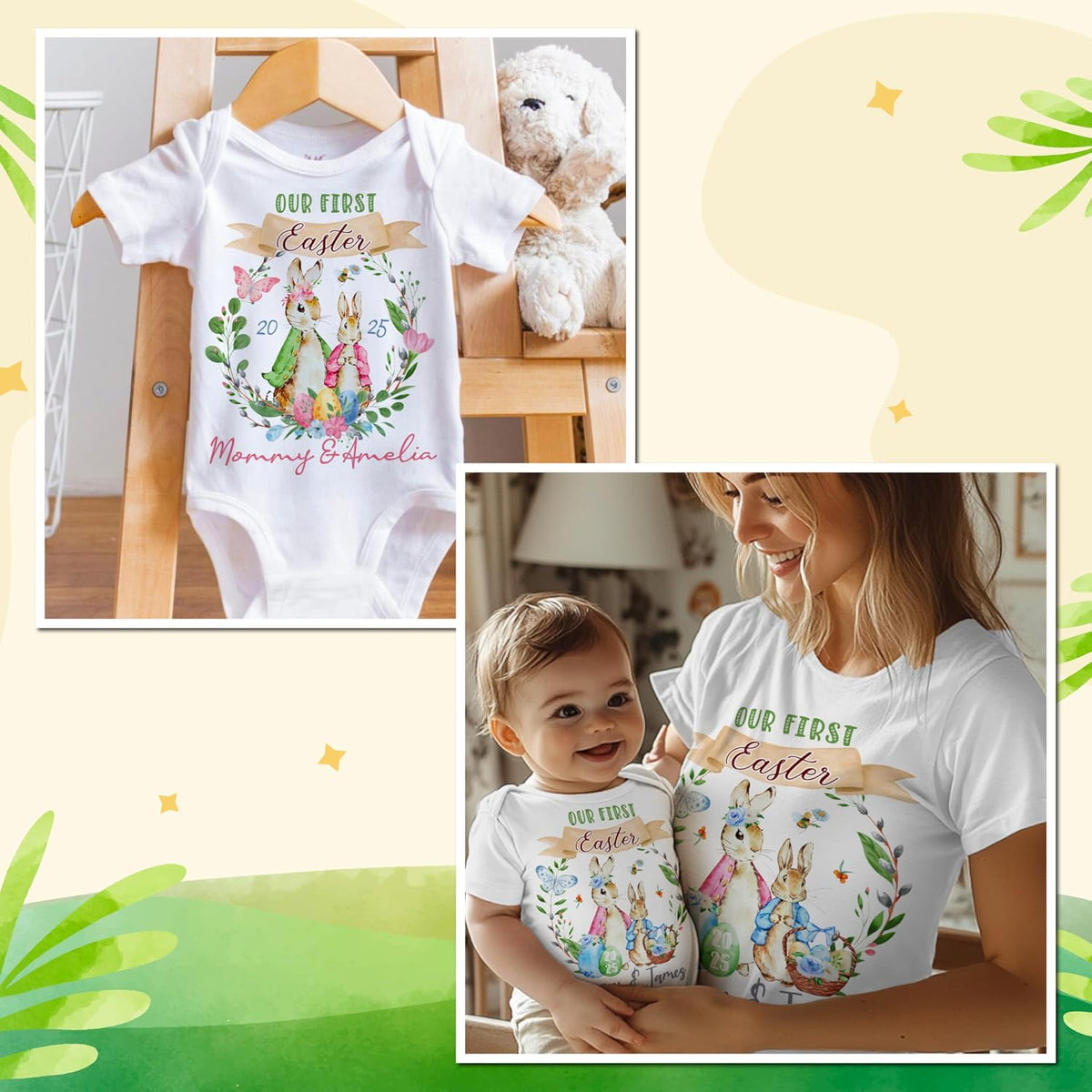 Personalized Easter Matching Shirt & Bodysuit – Custom Name & Year – First Easter Outfit – Family Holiday Apparel – Mom & Baby Matching Clothes – Spring Gift – Easter Photo Outfit