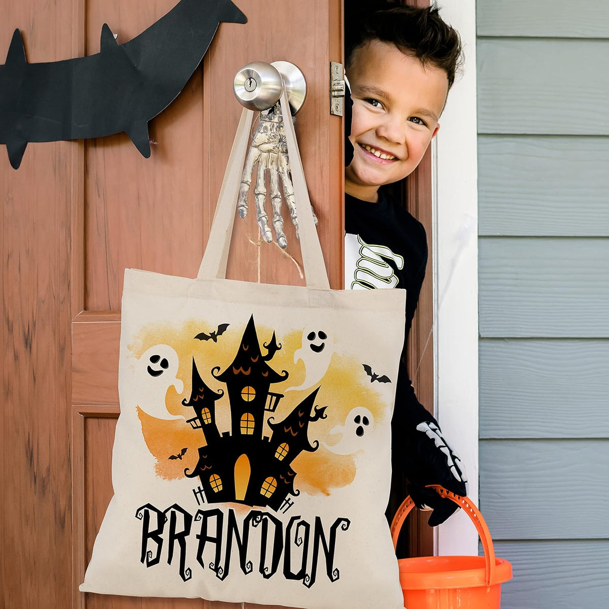 Custom Name Halloween Trick or Treat Canvas Tote Bags - Personalized Reusable 15x16" Gift Bag with Pumpkin, Skeleton, Ghost & Castle - Gift for Halloween Parties