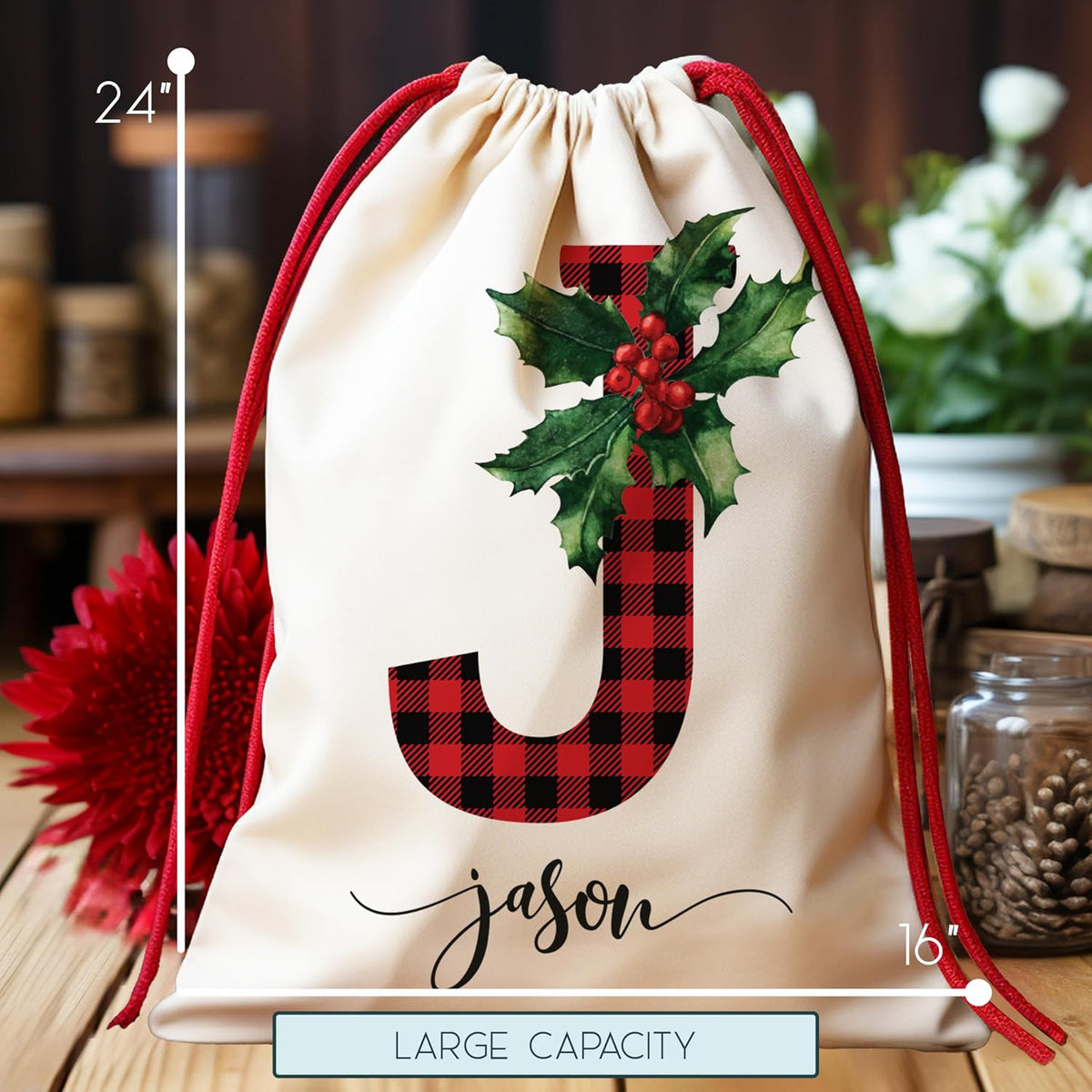 Custom Christmas Plaid Initial Santa Sack, Personalized Monogrammed Xmas Drawstring Large Gift Pouch for Holiday Presents