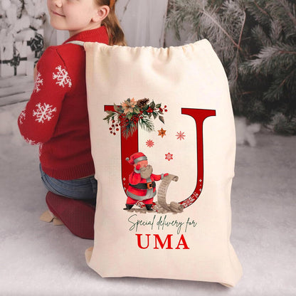 Customized Initial Santa Sack, Personalized Christmas Gifts Drawstring Pouch, Custom Monagrammed Xmas Gift Bag for Holiday Presents
