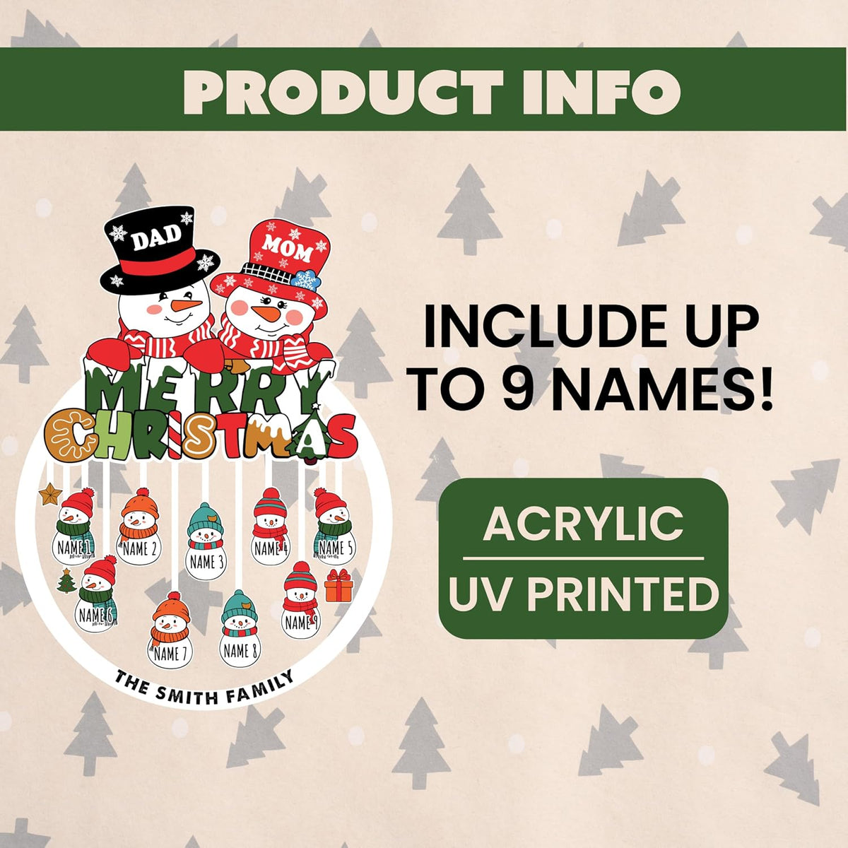 Family Christmas Ornament with Names – Personalized Snowman Family Tree Decoration – Custom Parents & Kids Name Ornament with Surname – Holiday Keepsake for Mom, Dad, Grandparents, Grandkids
