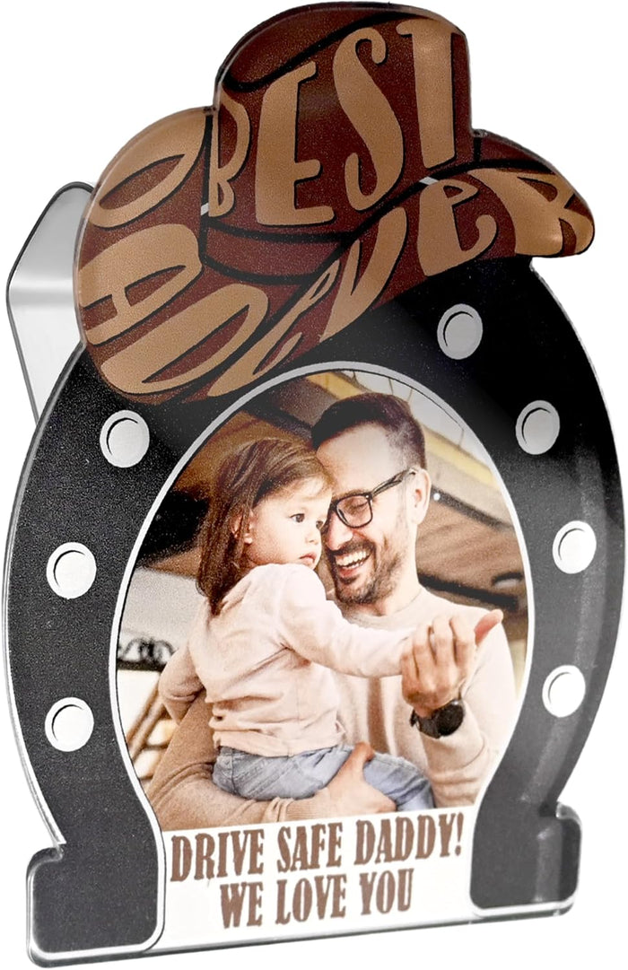 Personalized Drive Safe Daddy Photo Car Visor Sign – Custom Acrylic Cowboy Hat Visor Clip Gift from Kids – Unique Father's Day Keepsake with Text – Best Dad Ever Car Decoration