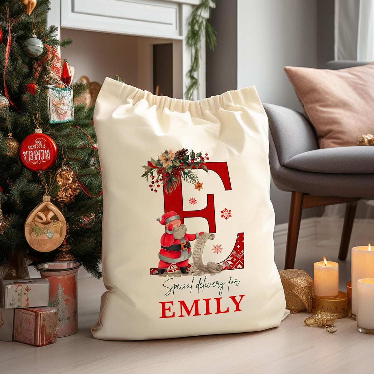 Customized Initial Santa Sack, Personalized Christmas Gifts Drawstring Pouch, Custom Monagrammed Xmas Gift Bag for Holiday Presents