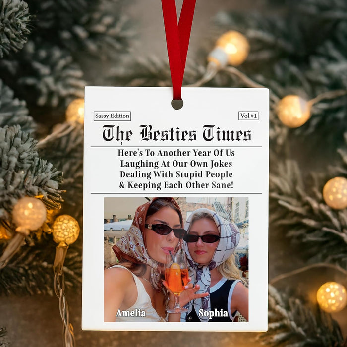 Funny Personalized Newspaper Ornament – Custom Photo Christmas Keepsake for Best Friends, Sisters, Girls – Unique with Names & Year – Friendship Acrylic Decoration for Tree or Room Decor