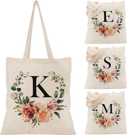Floral Initial Tote Bag for Women - Personalized Canvas Bag for Bridesmaid Gifts - Monogrammed Aestetic Teacher Totes Bags (Initial #K)