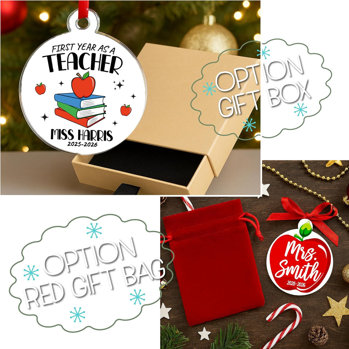 Personalized Teacher Christmas Ornament - Custom Acrylic Tree Hanging Gift for Teachers, Classroom Decor for End of Year, First Year, Preschool, Kindergarten, Thank You Gift