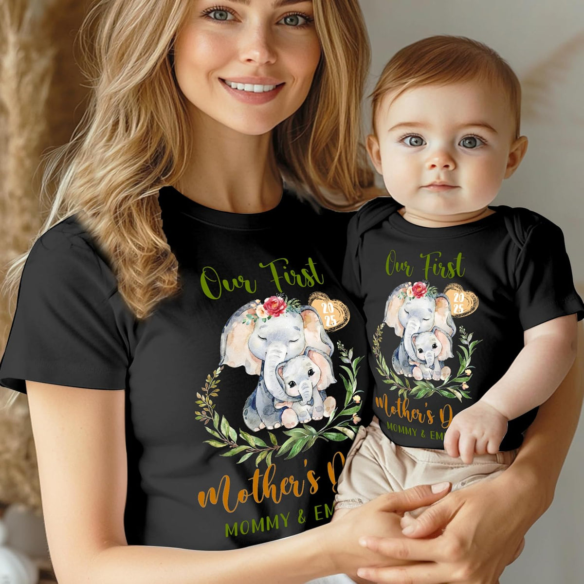 Personalized Our First Mother’s Day Matching Set – Custom Baby Bodysuit & Shirt – Gift for New Mom, Baby Shower, Mother's Day