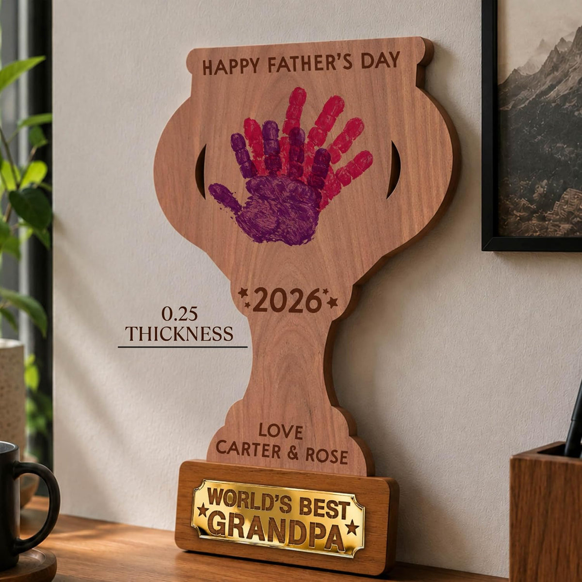 Personalized Handprint Father’s Day Trophy Sign, DIY Kids Handprint Plaque Gift for Dad Grandpa Papa