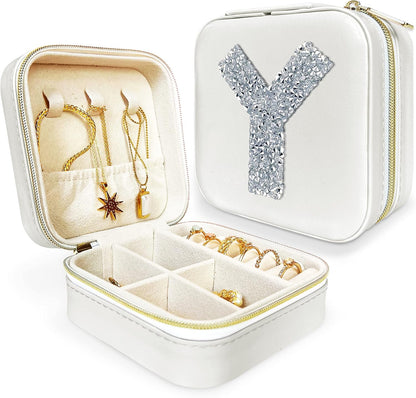 UNIQUE CUSTOM GIFTS Personalized Initial Jewelry Box Gifts for Women - White & Pink Colors - Travel Organizer Case for Girls - Bridesmaid Gift (White Box #Y)