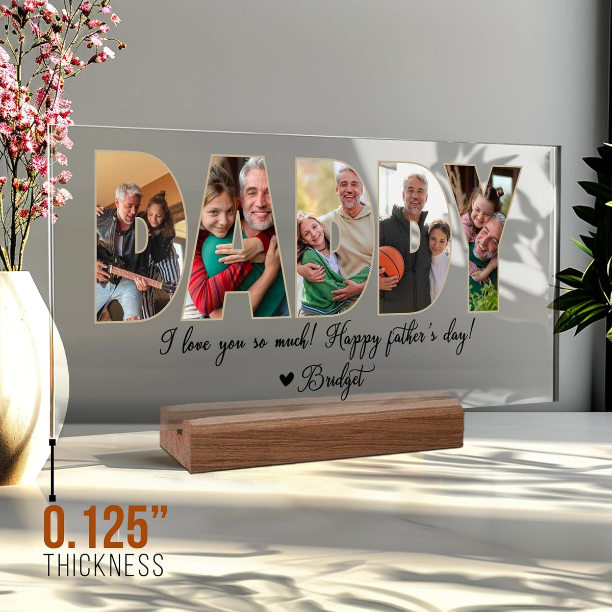 Personalized Father's Day Acrylic Photo Sign with Custom Text – Unique Christmas Gift for Dad, Grandpa, Papa – Custom Keepsake Plaque for Him from Kids – Clear Desktop or Shelf Home Décor