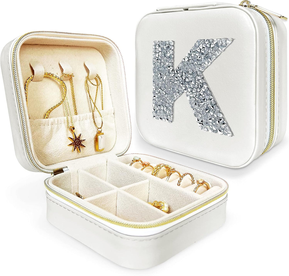 UNIQUE CUSTOM GIFTS Personalized Initial Jewelry Box Gifts for Women - White & Pink Colors - Travel Organizer Case for Girls - Bridesmaid Gift (White Box #K)