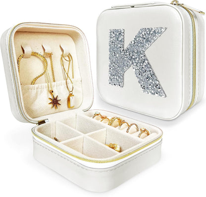 UNIQUE CUSTOM GIFTS Personalized Initial Jewelry Box Gifts for Women - White & Pink Colors - Travel Organizer Case for Girls - Bridesmaid Gift (White Box #K)