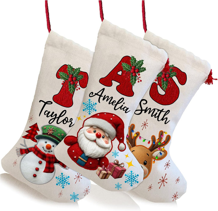Personalized Christmas Stocking with Name & Initial - Custom Stockings - Choose Santa, Snowman, Reindeer, or Penguin Design - Christmas Decorations Gift Bag for Family & Friends