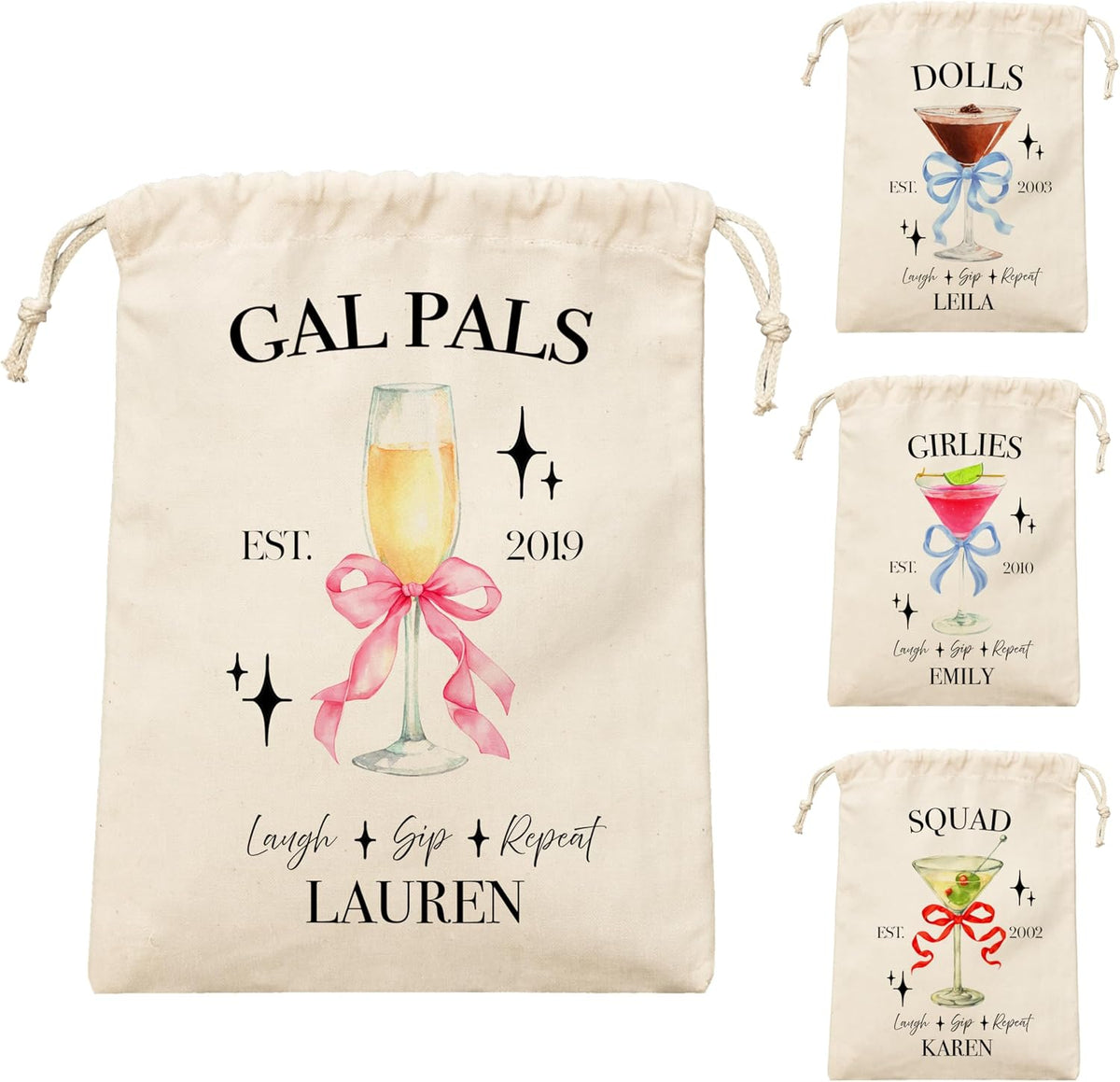 Personalized Cocktail Canvas Drawstring Bag for Girls Night, Galentine’s Day, or Bachelorette – Custom Name Group Pouch with Drink Design, Year & Text – Makeup Gift Bag for Bridesmaids & Friends