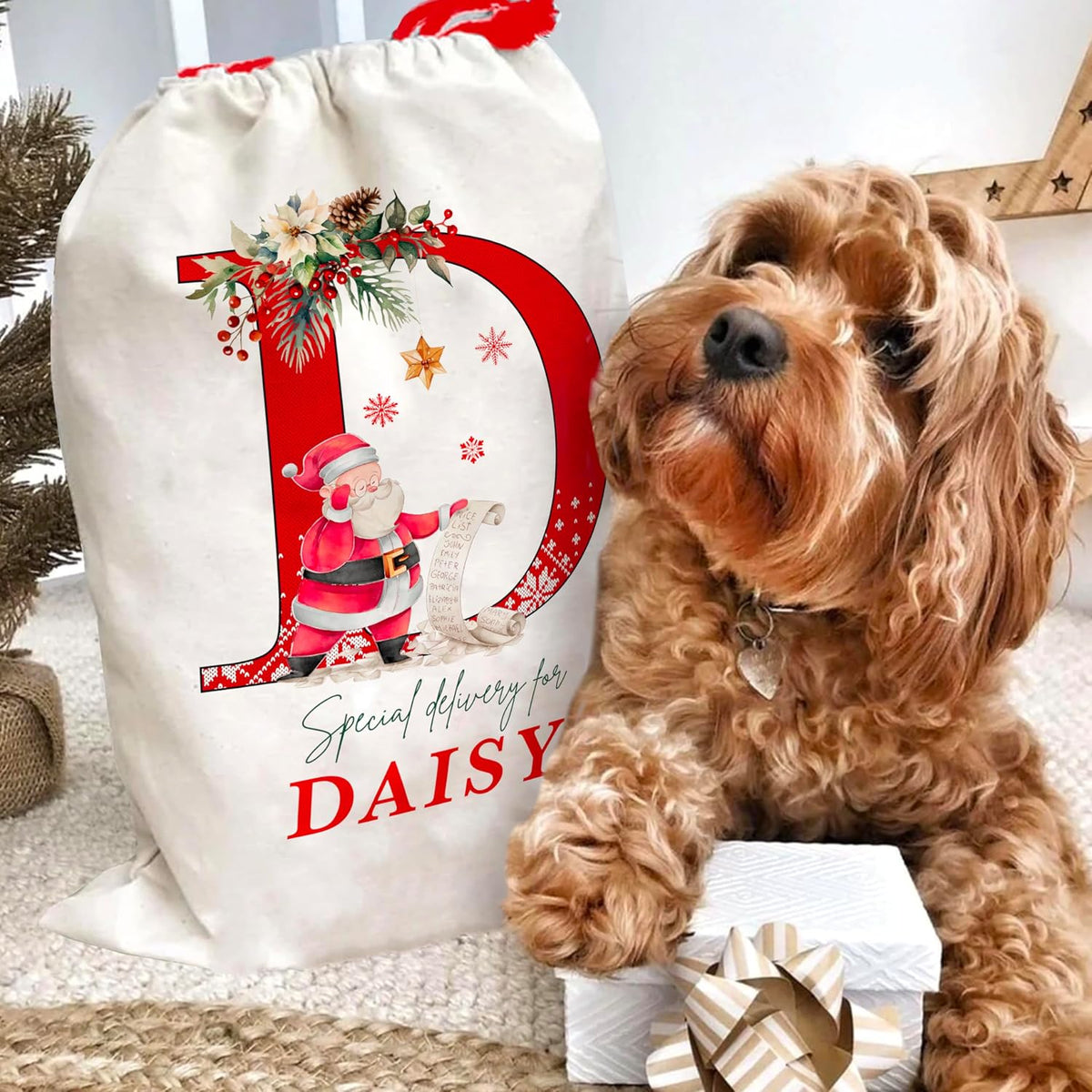 Custom Initial Christmas Santa Sack, Monogrammed Xmas Gift Pouch Bag