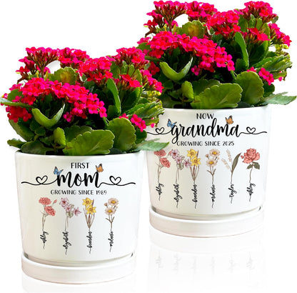 Zexpa Apparel Personalized Flower Pot for Grandma, Mom or Nana, Custom Birth Month Flower Planter with Names, Unique, Mother’s Day, Birthday or Holiday Present, Ceramic Pot