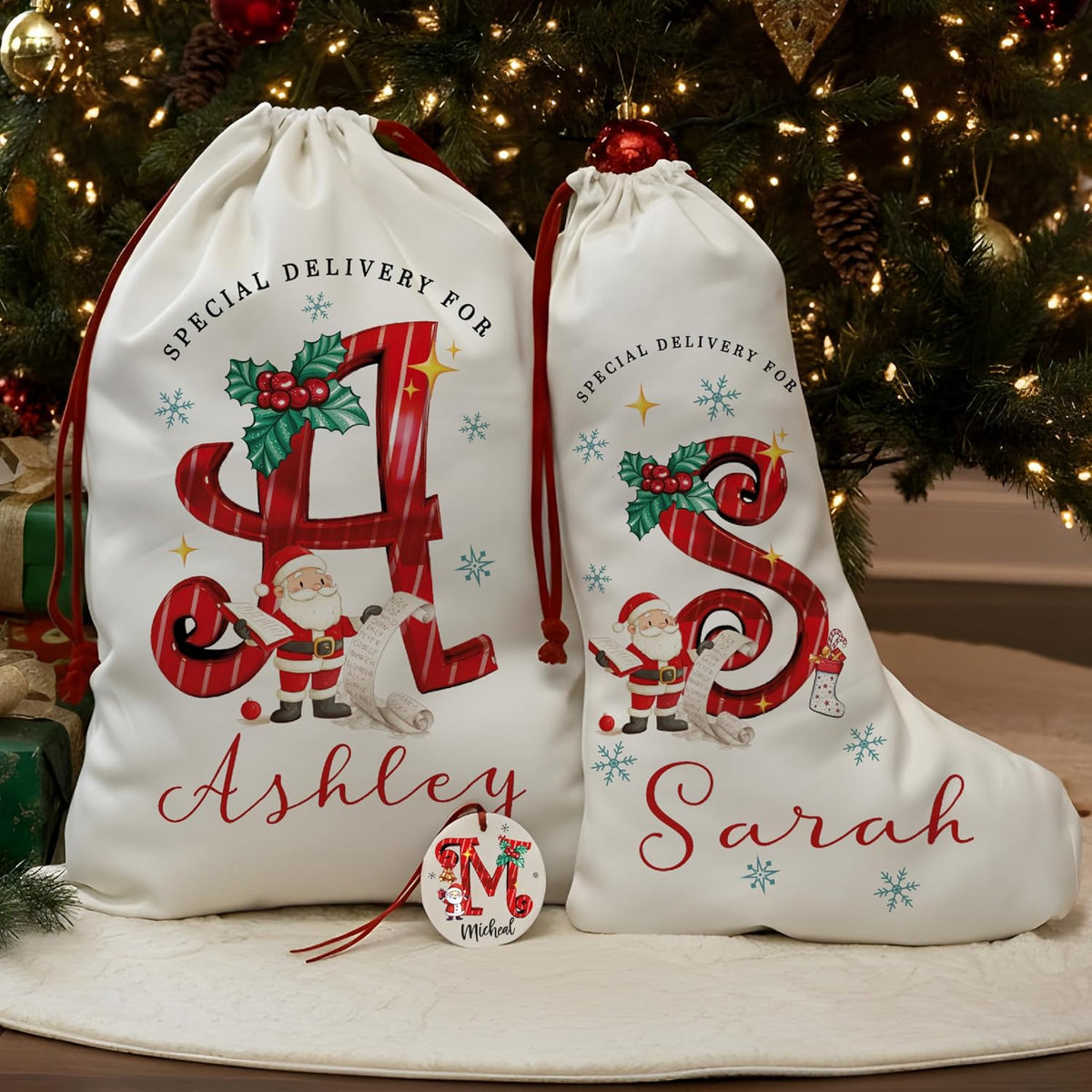 Christmas Name & Initial – Custom Ornament, Stocking & Santa Sack Options – Personalized Holiday Decor & Gift Bags