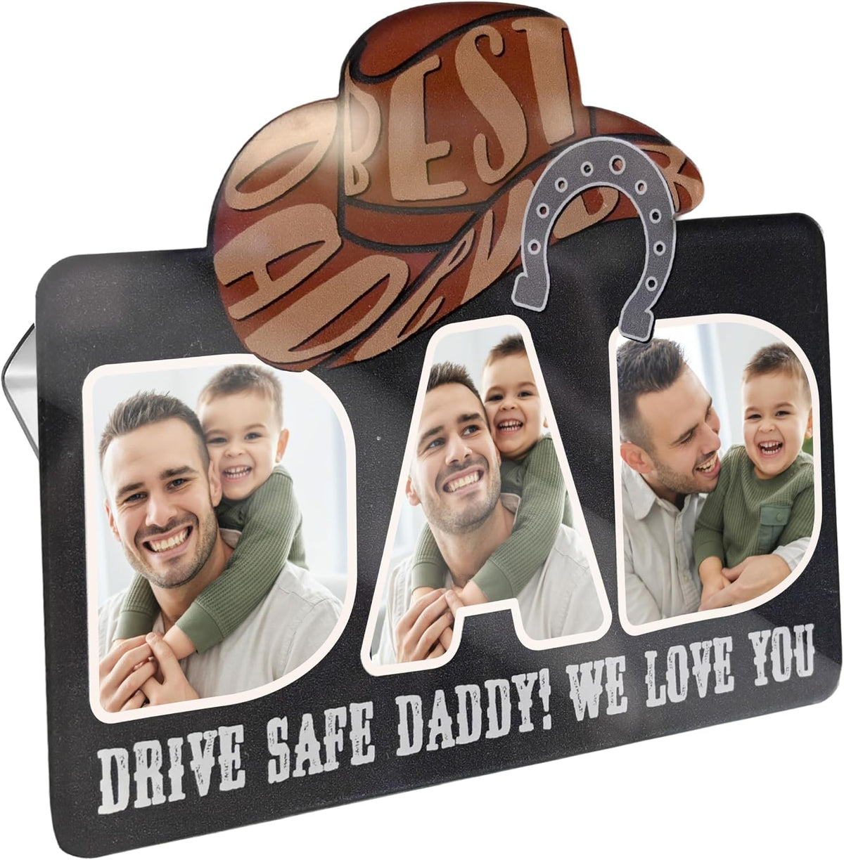 Personalized Cowboy Horseshoe Car Visor Clip – Custom Photo & Message Gift for Dad – Drive Safe Daddy – Cute Father’s Day Car Accessory from Kids – Best Dad Ever
