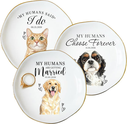 Engagement Ring Dish, Personalized Wedding Ring Holder with Pet Portrait, My Humans Are Getting Married Date Dish, Proposal Gift for Couple, Bridal Shower Decor, Valentine’s Day Anniversary