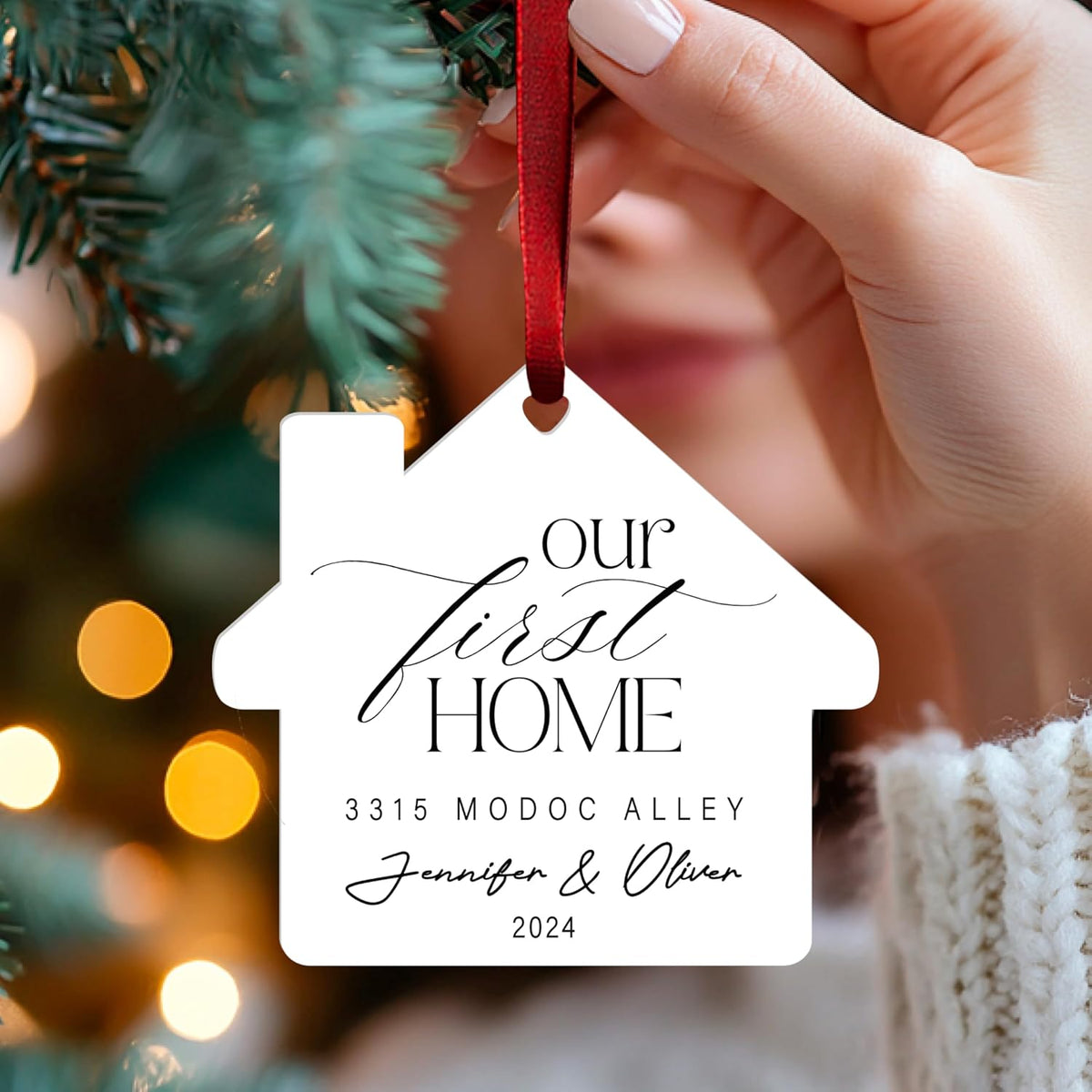 Personalized White Acrylic Xmas Ornaments - Custom Tree Decoration with Names, Address & Year - Unique Holiday Keepsake Gift for Wife & Husband, Christmas Home Decor Our First Home