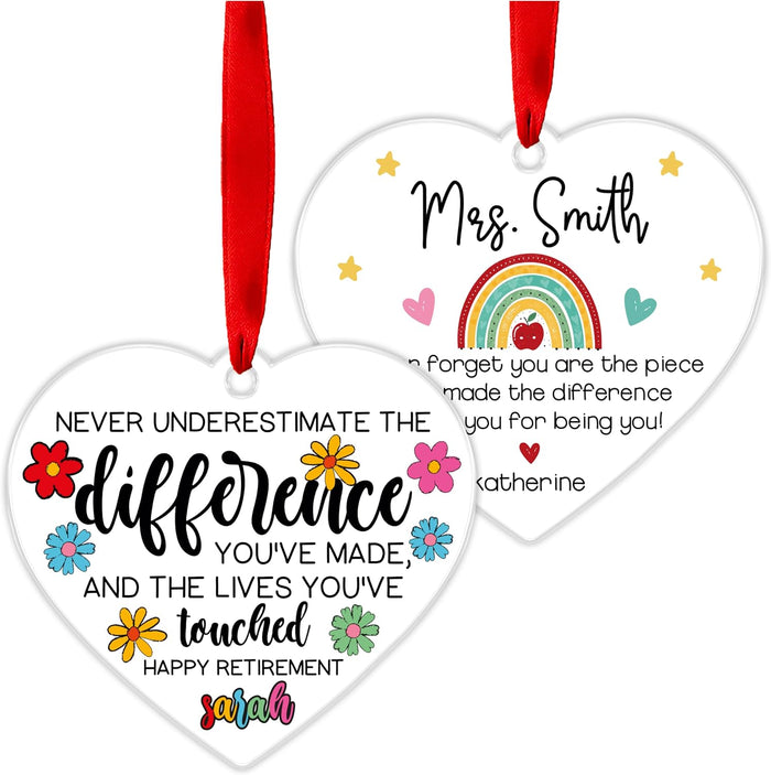Teacher Appreciation Gift – Heart‑Shaped Thank You or Happy Retirement Ornament – Personalized Teacher Name & Student Names – End of Year, Christmas, Mother’s Day or Back to School Keepsake