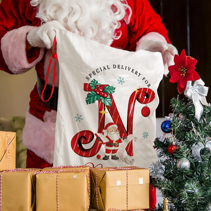 Personalized Christmas Santa Sack with Name, Custom Monogram Holiday Pouch