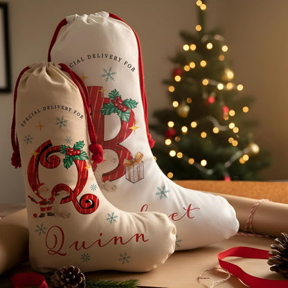 Christmas Name & Initial – Custom Ornament, Stocking & Santa Sack Options – Personalized Holiday Decor & Gift Bags