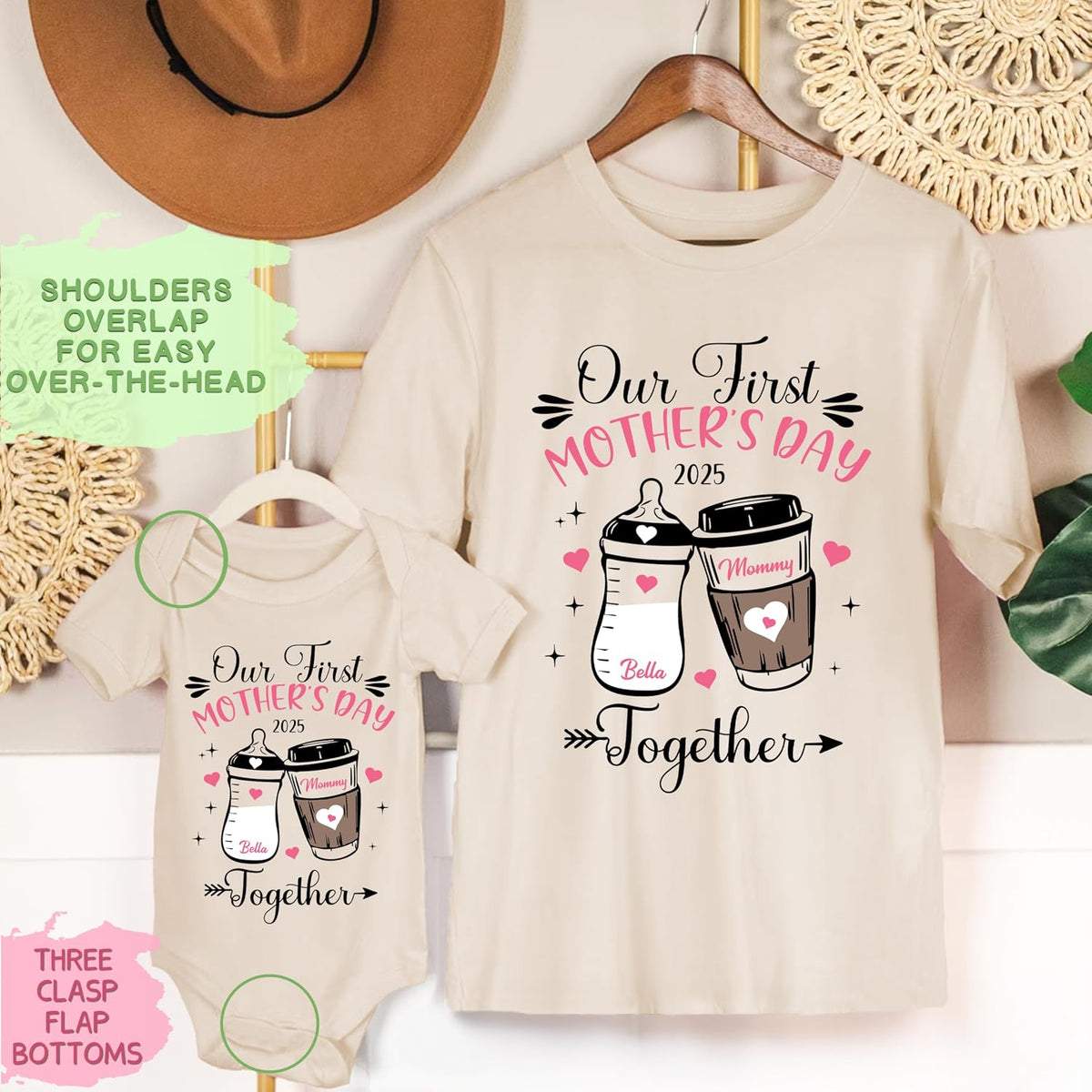 Personalized Mother and Baby Matching Shirt & Bodysuit Set - Custom Our First Mother’s Day 2025 Mommy and Baby Outfit - Customized Mom and Baby Matching T-Shirts in Multiple Colors