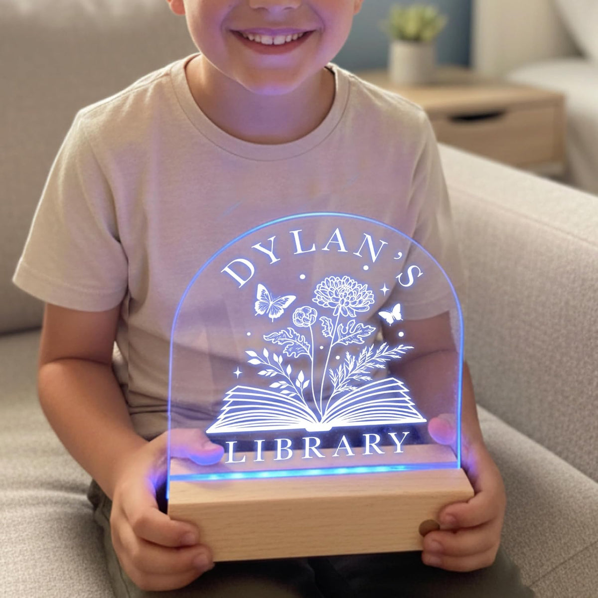 Personalized Library LED Night Light with Name, Custom Birth Month Flower
