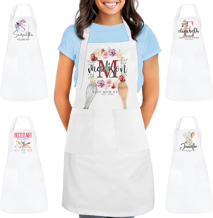 Personalized Floral Kitchen Apron with Name, Custom Cooking Gift for Women