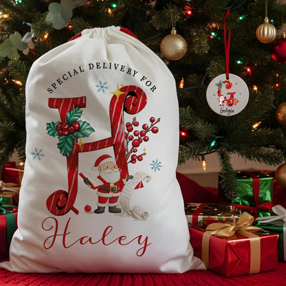 Christmas Name & Initial – Custom Ornament, Stocking & Santa Sack Options – Personalized Holiday Decor & Gift Bags