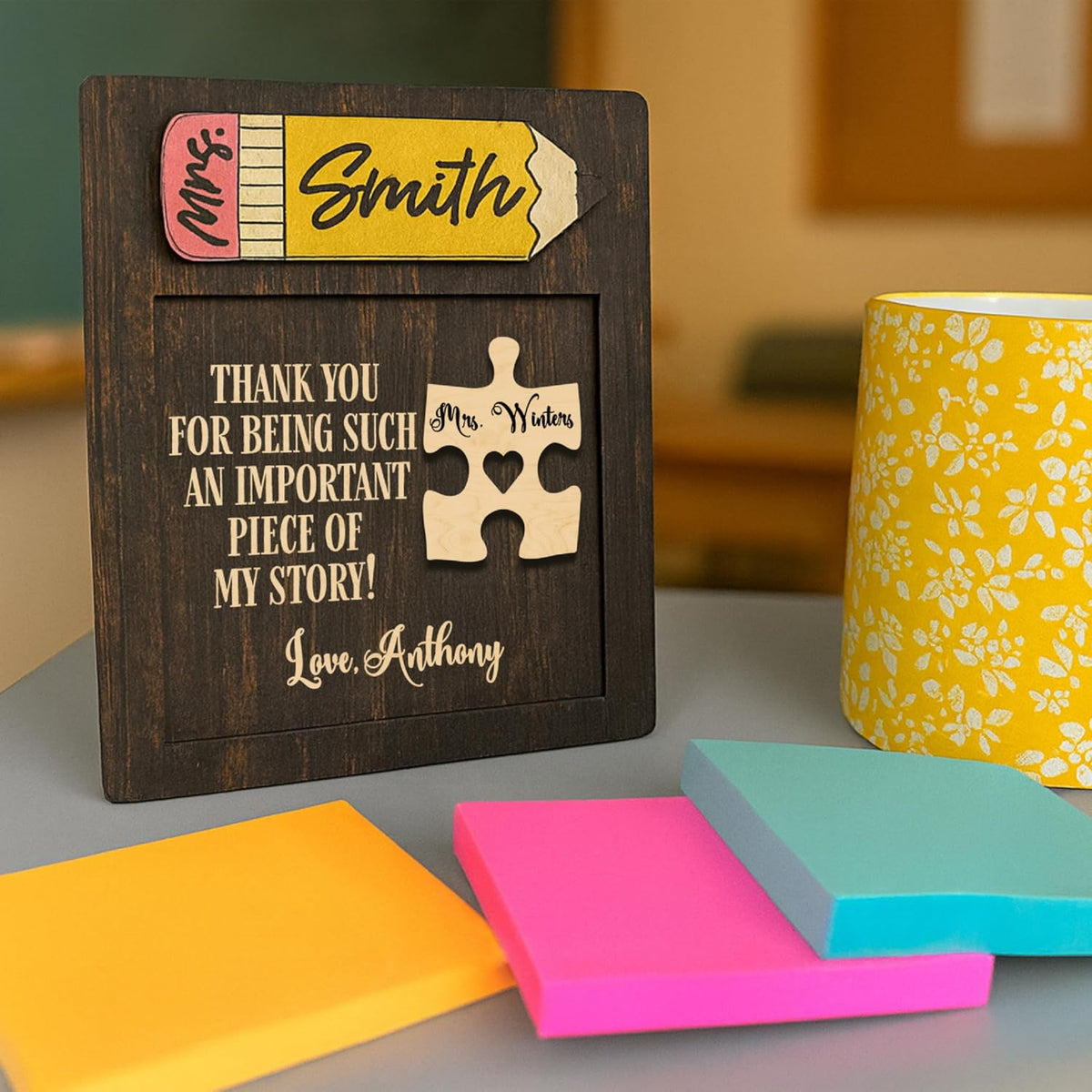 Personalized Teacher Puzzle Plaque Gift with Pencil Name Tag – Custom Thank You Wooden Sign with Name and Love Message – Appreciation Present for End of Year, Christmas, Back to School