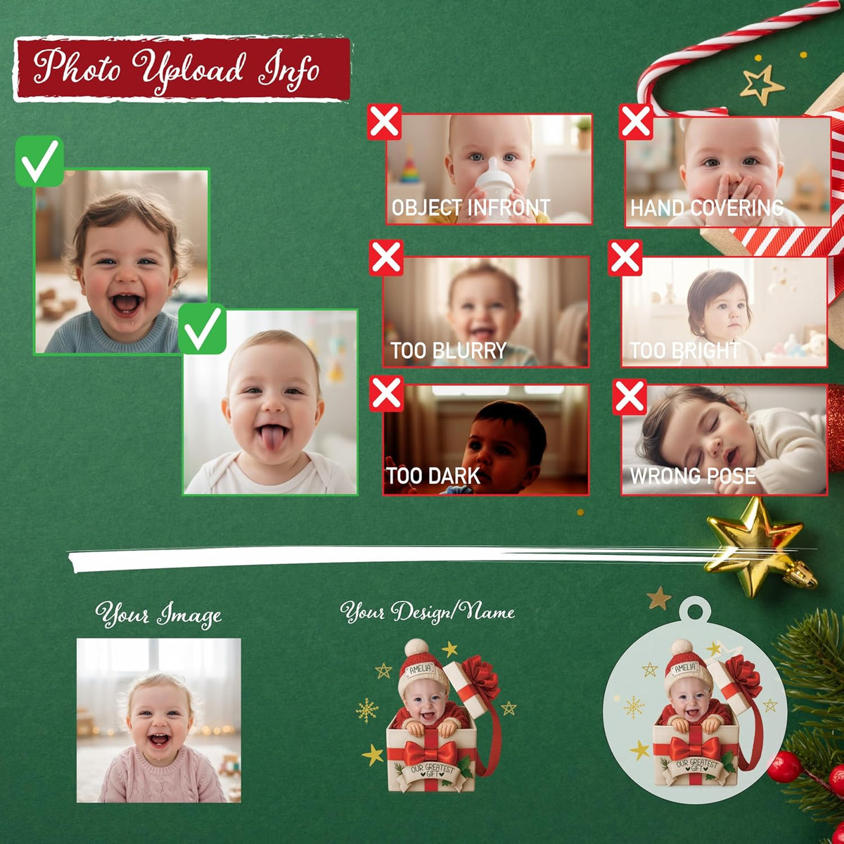 Personalized Baby’s First Christmas Photo Ornament – Custom Round Keepsake with Baby Name & Picture – Newborn 1st Christmas Tree Decoration – Gift for New Parents, Baby Shower, Mom & Dad