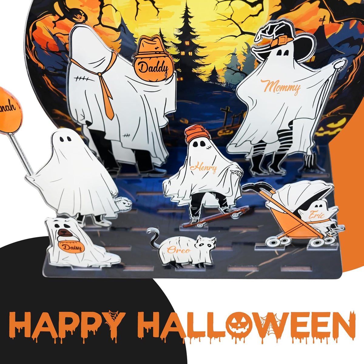 Personalized Halloween Ghost Family Acrylic Sign - Custom Name Spooky Decor for Mom Dad Kids Pets - Add Names & Choose Icons - Cute Haunted Scene Table Display for Fall Home Decoration Gift