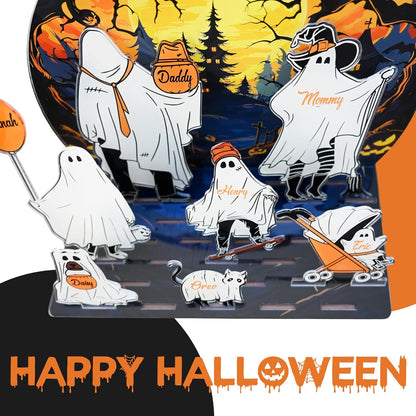 Personalized Halloween Ghost Family Acrylic Sign - Custom Name Spooky Decor for Mom Dad Kids Pets - Add Names & Choose Icons - Cute Haunted Scene Table Display for Fall Home Decoration Gift