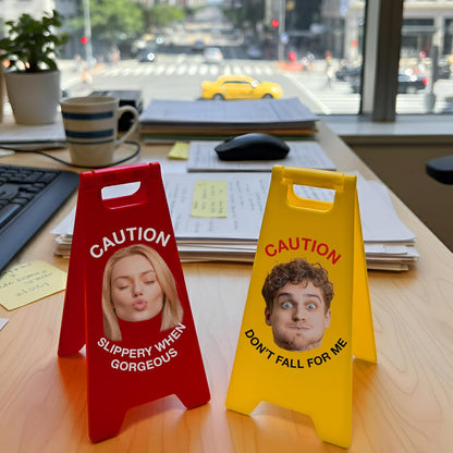 Personalized Mini Caution Sign, Custom Funny Desk Sign with Your Photo & Text, Unique Gift for Friends, Coworkers, Boyfriend, Girlfriend, Cute Acrylic Decoration for Office, Home, or Gag Gift