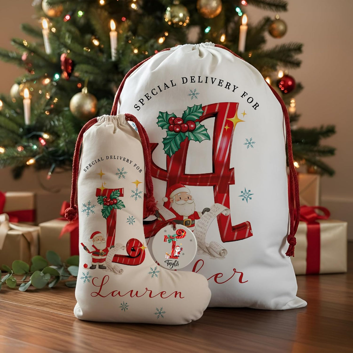 Christmas Name & Initial – Custom Ornament, Stocking & Santa Sack Options – Personalized Holiday Decor & Gift Bags