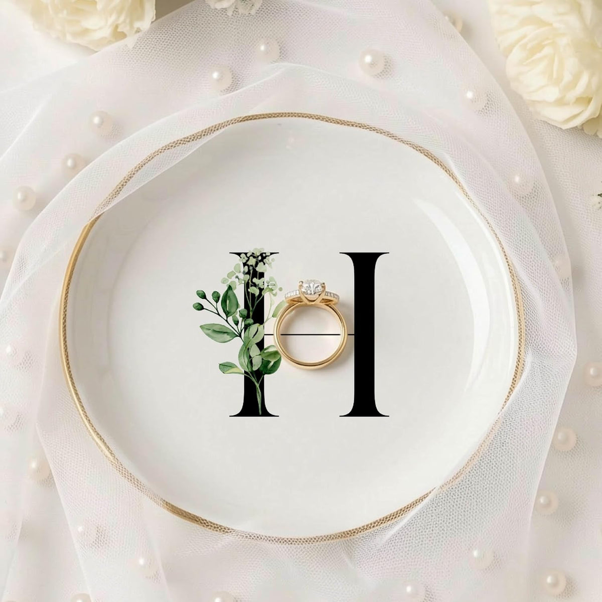 Personalized Floral Initial Ring Dish Jewelry Holder, Custom Monogram Ceramic Trinket Tray with Gold Rim, Bridesmaid Proposal Gift, Wedding Engagement Gift for Bride, Birthday Gift for Women