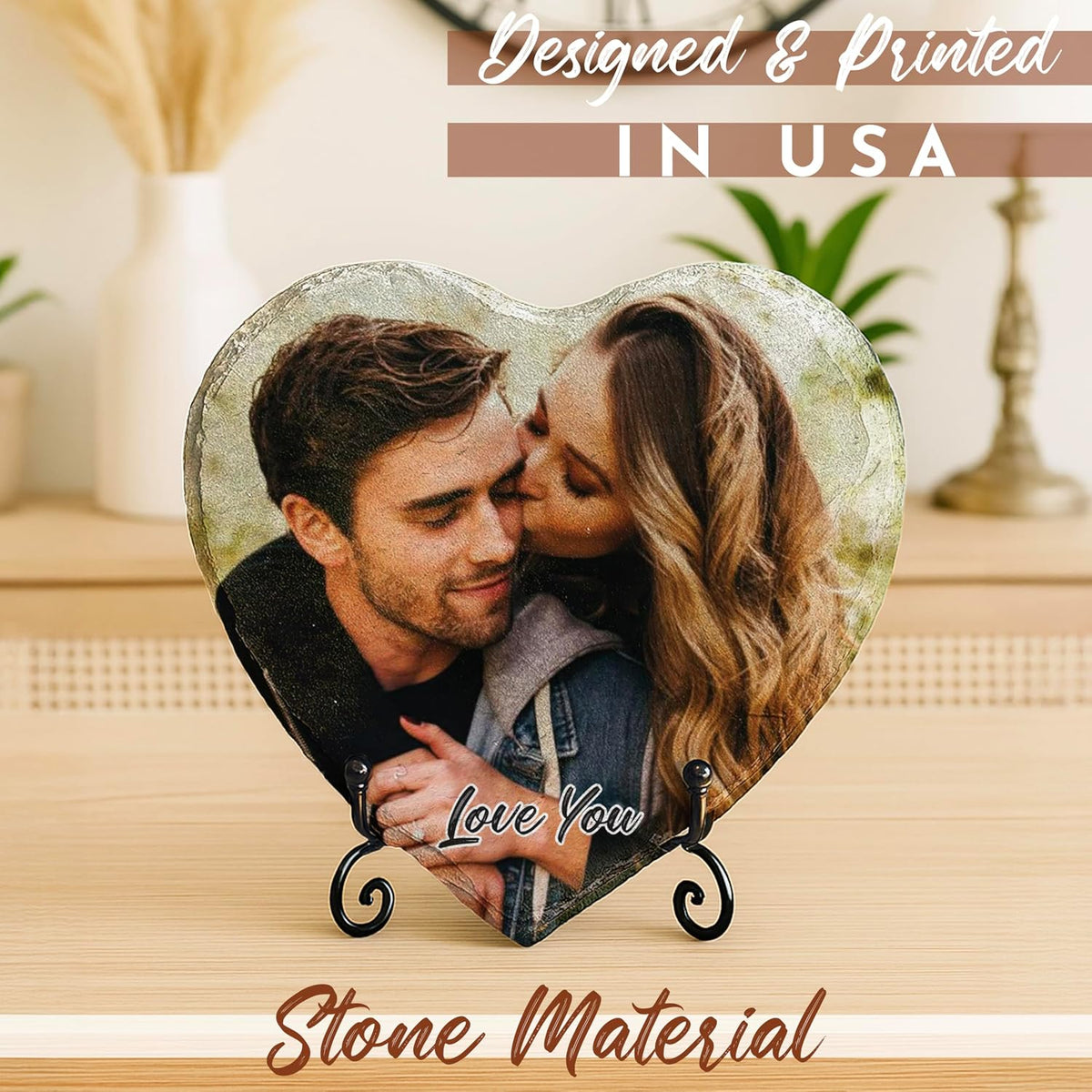 Personalized Heart Shaped Slate Photo Plaque, Custom Stone Gift for Mom Dad