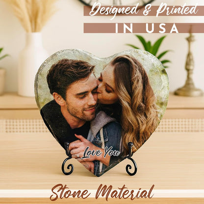 Personalized Heart Shaped Slate Photo Plaque, Custom Stone Gift for Mom Dad