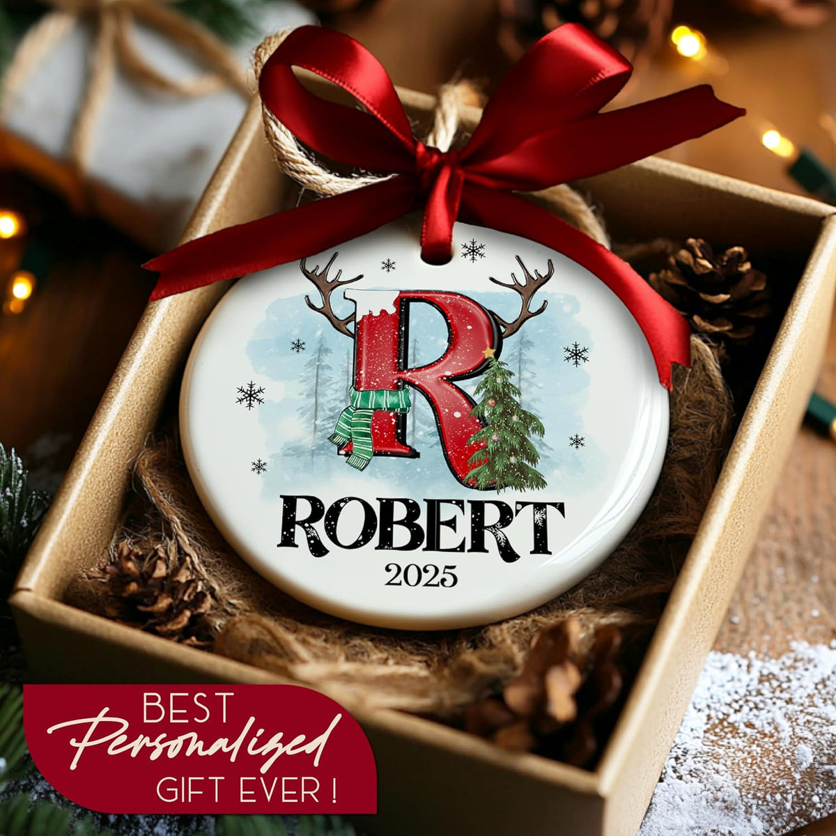 Personalized Christmas Ornaments 2025 - Custom Ceramic Initial & Name Tree Decor - Monogrammed Holiday Keepsake with Letter, Name & Year for Family & Friends