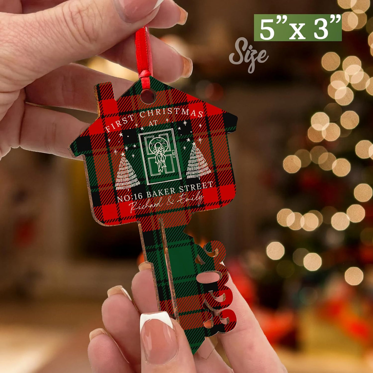 Custom First Christmas in Our New Home Address Key Wood Ornament, Personalized Xmas Housewarming Gift