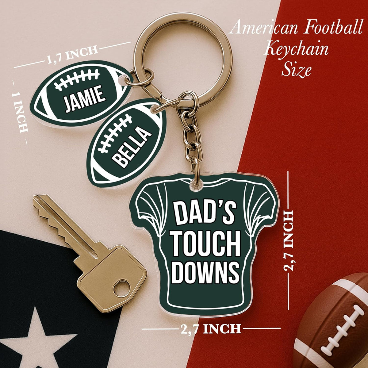 Custom Dad’s Touchdown Keychain – Personalized Football Jersey Keyring with Kids’ Names – Unique Father’s Day Gift for Dad from Son or Daughter – Sports Theme Custom Gift Idea