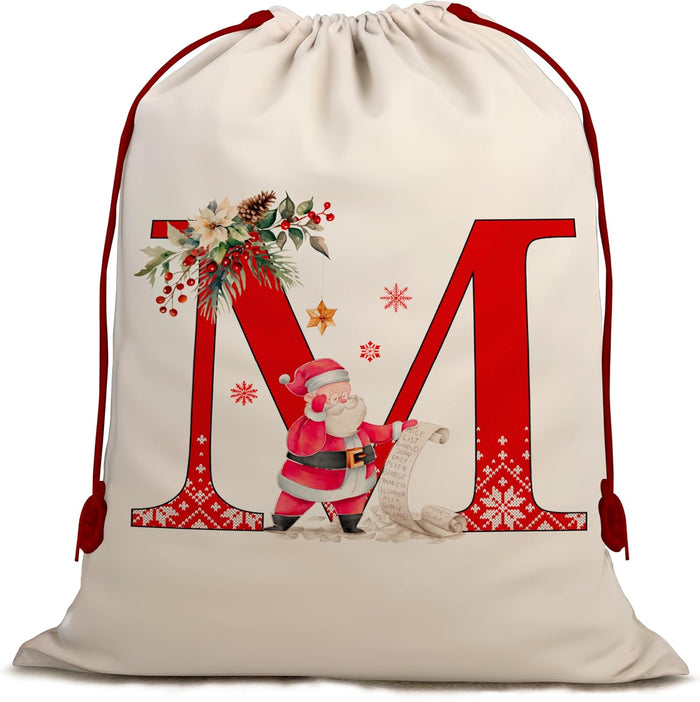 Christmas Gift Santa Sack with Monogram Initials - Holiday Present Bag for Family, Mom & Dad - Pouch for Special Occasions (M)