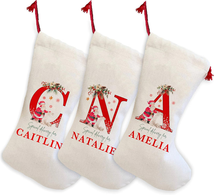 Personalized Christmas White Stocking with Name & Initial - Custom Stockings - Unique Christmas Decoration Special Delivery for Family, Friends & Loved Ones Present for Mom and Dad